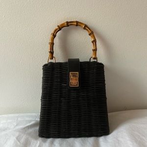 Black wicker purse with tortoise handles